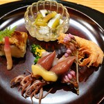 玄斎 - 八寸～花山葵とウドとイカの梅肉掛け・焼き穴子の棒寿司・茎ブロッコリーの昆布〆・川津海老の唐揚・ホタルイカ 柚子胡椒の入った酢味噌