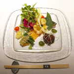 本日のオードブル。ステーキ店としては珍しく、和洋中の料理が盛り込まれている