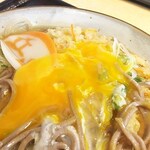 立山そば - 丼の底に沈めておいた生卵を割らないようにそーっとかき揚げの上まで持っていって黄身を割る。
かき揚げに黄身が絡んで美味しくマイルドになります。