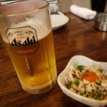 Sumibi Yakitori Noroshi - 生ビール＆お通し(鳥皮ぽんず)