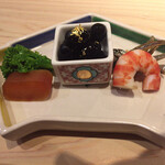 味ひろ - [前菜]
      からすみ、菜の花芥子和え、黒豆、海老、田作り