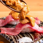 Luxury galore! Domestic beef Sushi topped with sea urchin