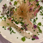 お座敷 天婦良 あやめ - 鯛のお造り 手前が昆布締めとなし