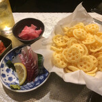 寅屋 - スピン、お刺身、新生姜、明太子おろし