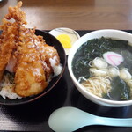 善助屋食堂 - どんこ唐揚げ丼+わかめラーメン