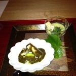 半くり - 枝豆すり流しとネギの炭火焼