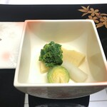 旅亭半水廬 - 焚合：菜の花蒸し 筍土佐煮 春独活白煮