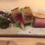 味ひろ - [前菜]
      蕨、穴子寿司、鴨ロース、フォアグラ赤酒漬け