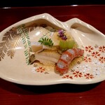 銀座 しのはら - 蝦夷鮑、車海老、平貝、自家製胡麻豆腐の加減酢かけ