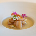 レストラン オオツ - 2020.4 帆立出汁のフラン 浅蜊出汁のジュレ 北海道ホッキ貝 明石本ミル貝 閖上赤貝