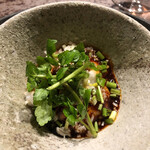 AUBE - ⚫︎アンコウと牡蠣の貴州風煮込み。痺れるようなピリ辛で、これぞ中華♡セリが効いています。