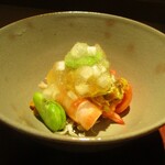 もと井 - 道満蟹（幻の蟹）、車海老、空豆、フルーツトマトに ウドのジュレ。　　　　　2020.03.27