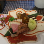 Wa Todoroki - 前菜。春のイイダコ、フグのゼリー、鴨、ソラマメの素揚げ