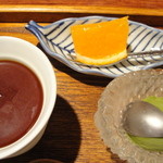 徳うち山 - デザートのキヨミオレンジ、抹茶シャーベット、黒糖プリン
