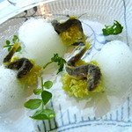 アロマフレスカ - 稚鮎のフリット キュウリの泡 クスクス添え