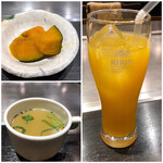 神戸六甲道・ぎゅんた - かぼちゃの煮物、薬膳スープ、オレンジジュースの脇役たち