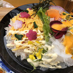 カフェアンドショップ ロータスランド - 2020/04/21
      週替りおまかせセット 『のちらし寿司御膳』 580円
      ・ちらし寿司
      ・ミニかけ蕎麦
      ・新玉ねぎのかき揚げ
      ・レンコン天ぷら
      ・フレッシュサラダ
      ・新玉ねぎのスライス