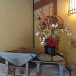 花仙庵 仙仁温泉 岩の湯 - 唐箕の上に、木綿とネコヤナギ、赤い薔薇