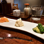 あげづき - 【定食セット@360円】[左から] 沢庵│ポテトサラダ│胡瓜