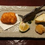 りょうりや 御旅屋 - 鱧のぱん粉揚げ  琵琶湖の鮎炭火焼 すずきの油焼