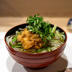 うを徳 - 2020.4 うどん（白海老掻き揚げ、芋茎、壬生菜、木の芽、山形田舎うどん）