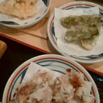 手打うどん かとう - 左から、タケノコ・ホタルイカ・アスパラガス