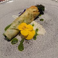 ル クーリュズ - 生海苔のクレープ、チーマリラッパ、地元の農家が育てた
                    　イタリアの菜の花、新玉ねぎとルッコラのソース
