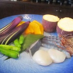 旬彩 天ぷら 心来(しんら） - 平日ランチ限定 ”花水木” のコース 1,980円（税込）の素材（二人分）。　　　　　2020.05.01