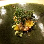 RISTORANTE IL NODO - 温前菜２・ホタテ　ジャガイモとヨモギ　柑橘（2020.3）