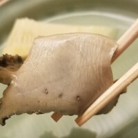 木山 - (01)黒鮑(京都府京丹産)軟らか煮
                黒鮑の産卵期は秋～冬、旬は初夏～夏
                軟らかな煮加減ですが、厚みのある切りつけで食感が楽しめます♪
                旨みと甘みが豊かで、磯の香りも高い！
                綺麗なサシが見えますか？