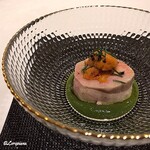 カーサ・デル・チーボ - 鮟鱇の肝と生海胆 青菜のﾌｫﾝﾃ