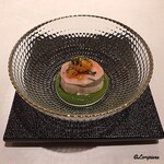 カーサ・デル・チーボ - 鮟鱇の肝と生海胆 青菜のﾌｫﾝﾃ