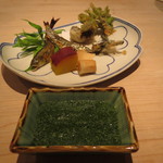 くろぎ - 稚鮎と山菜盛合せ  焼き二丁  揚げ一丁  蓼酢1