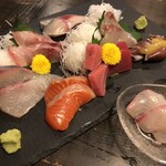 海鮮居酒屋 義丸 - ・2切ずつの7点盛 1,280円
            (かんぱち・しまあじ・サーモン・中とろ・やりいか・いさき・ホタルイカ・〆さば)