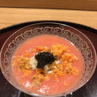 日本料理 太月 - フルコース１６５００円（総額）。フルーツトマトのすり流し。甘みと酸味が爽やかで、渡り蟹と合わせて旨味もたっぷりです（╹◡╹）（╹◡╹）