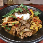 大衆中遊華食堂 八戒 - 3種あいがけ(スッパイcyチキンカリィ、四川麻婆豆腐カリィ、生ラムクミン炒めカリィ)辛め、魯肉トッピング