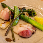 柚木元 - 2020.4 アナグマ 猪ベーコン 地物アスパラガス ワラビ 葉玉葱 スナップエンドウ 自生セリ ハールレモネ 昆布塩