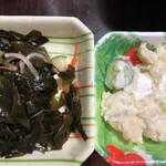 ローソンストア100 - 料理写真:「きゅうりとわかめの酢の物」「ポテトサラダ」