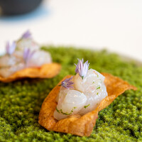 レストラン オオツ - 2020.5 干した桜海老を練り込んだ自家製海老煎餅の上にボタン海老