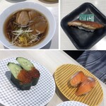 魚べい - 鴨そば￥３５２、特大？うなぎ￥１９８、いくらとサーモン￥１１０