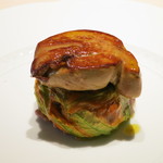 フォリオリーナ・デッラ・ポルタ・フォルトゥーナ - パルミジャーノ チーズのリゾット 赤ワイン風味、　ズッキーニの花包み　鴨のフォアグラ添え　(2012/05)　　　