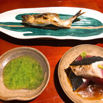 銀座 しのはら - 稚鮎の塩焼きと蓼酢・かつおの藁焼き