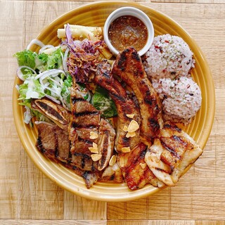 牛、豬、雞三種肉類的夏威夷燒烤拼盤