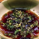 日の出 - 日の出さん自家製の、ポン酢です。お豆腐・刻み葱・水菜は、これで。