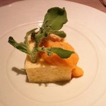欧割烹 清水 - とうもろこしの薯蕷豆腐　人参のピュレとイサキの真子