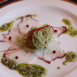 奥琵琶湖マキノ グランドパークホテル レストラン竹生 - タコの燻製　カッペリーニと塩麹バジルソース