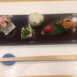 Oryouri Mahoro - 季節の前菜：サワガニ　ゴボウのオイル煮
                      胡麻豆腐
                      豆ご飯のオコワ
                      かにとキュウリの酢の物 
                      プチトマトの蜜煮