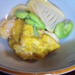 虎屋 壺中庵 - はちく・そら豆・伊勢エビ蒸し　伊勢エビのミソソース