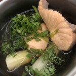 日本料理 久丹 - 青森の桜鱒とロワールのホワイトアスパラガス、九条ネギ