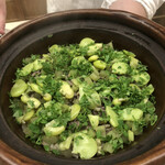 日本料理 久丹 - 猪肉と空豆、蕗の炊き込みご飯です